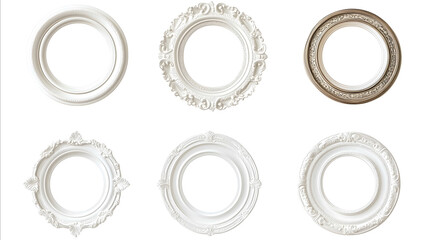 A set of 9 round ornate picture frames clay white no background photographic high resolution realistic