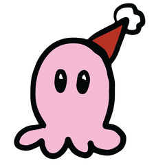 Hand drawn pink octopus with Santa hat for Christmas icon, sea life, animal, aquarium, souvenir shop, cartoon character, comic, mascot, cute patch, plush toy, kid doll, brooch, under the sea, sticker