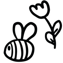 Hand drawn bee outline for kid colouring book, animal, insect, decorations, spring, summer, picnic, park, home yard, stickers, tattoo, blossom, blooming, cute patch, brooch, nature, garden, flowers