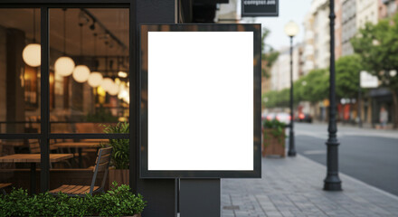 Fototapeta premium Blank advertising sign in front of cafe with blurred street background, perfect for mockups.
