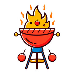 Vibrant cartoon barbecue grill with flaming fire, ready for summer cookouts and delicious outdoor meals, perfect for food illustrations and BBQ events.