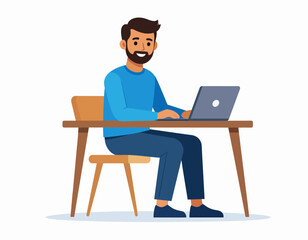 Smiling Man Working on Laptop at Desk.