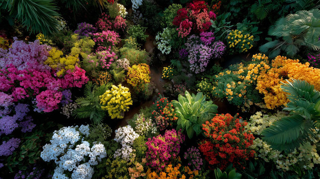 Top view , multi color of flowers and plant in the garden.