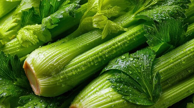 Vibrant organic celery cluster with crystalline ribs & dew-jeweled leaves, layered petioles under natural light certifying aqua-vitality jurisprudence
