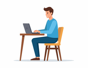 Cartoon Man Working on Laptop at Desk.