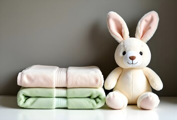 Obraz premium Plush Bunny Toy and Stacked Soft Blankets: Cozy, Cute Nursery Decor with Pastel Charm
