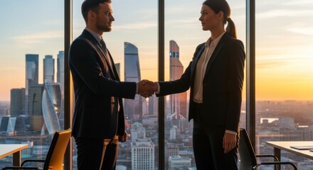 Sealing a Corporate Deal: Professional Handshake Against a Golden Sunset Cityscape
