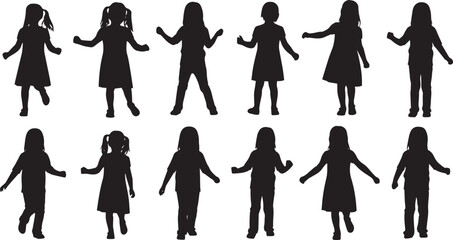 silhouettes of girls, Silhouette of children dancing, playing, or celebrating – captures youthful energy, movement, and innocence, ideal for designs needing a playful touch
