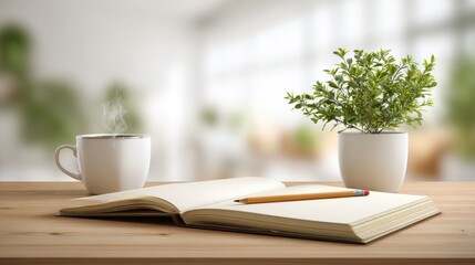 Bright cozy workspace with a potted plant open book and steaming coffee mug on wooden table.