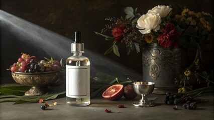 Skincare serum bottle with blank label in Baroque still life - Luxury fine art advertisement - Caravaggio style chiaroscuro product shot