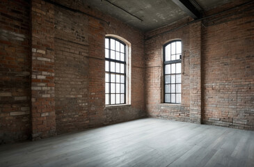 Obraz premium Empty loft space. Old brick walls and a large window. Industrial grunge style.