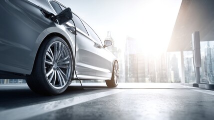 Modern sleek silver sedan parked on city rooftop with cityscape background at sunrise.