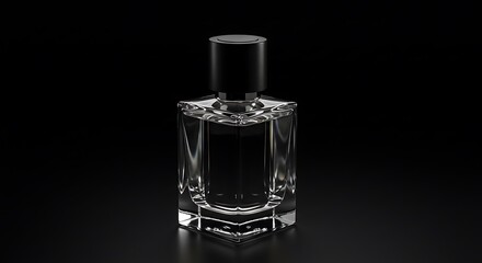 Mockup elegant glass perfume bottle with black cap on black background commercial usage