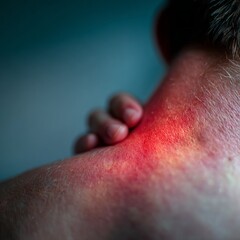 Close-up view of skin irritation on neck and shoulder with warm lighting during evening relaxation at home
