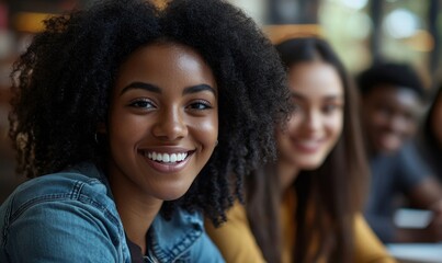 Happy young office colleagues collaborating and smiling while working at computers in an open-plan workspace. The image emphasizes team building and collaboration among business, Generative AI