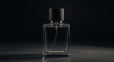 Mockup elegant glass perfume bottle with black cap on dark background commercial usage