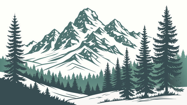 Majestic snow capped mountain range framed by dark green pine trees and a snowy landscape