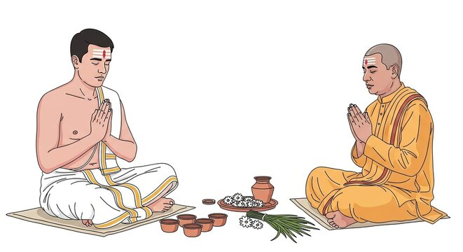 "Shradh Puja Ritual &ndash; Hindu Brahmin Priest Performing Pitru Paksha Ceremony Offering Food to Crow"