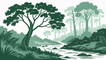 Serene jungle landscape with a winding river flowing through lush green foliage and towering trees