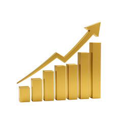 Golden bar chart with upward trending arrow symbolizing financial growth and success isolated on transparent background
