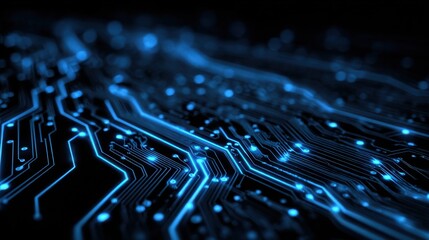 Close-up of a futuristic digital circuit board illuminated with vibrant blue neon lines and glowing nodes, representing advanced technology and electronic connectivity