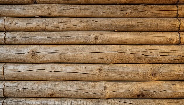 Rustic wood logs form a durable wall, exhibiting warmth and texture with visible knots and weathering