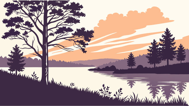 Serene lake landscape with silhouetted trees and rolling hills under a warm sunset sky with clouds