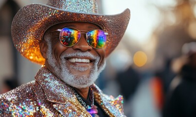 Happy senior gay African American man dressed in a sparkling sequin queer outfit and cowboy hat at a Pride parade, celebrating LGBTQ+ pride and inclusivity, Generative AI