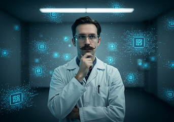 A scientist with a mustache contemplates digital information, surrounded by glowing QR code patterns in a futuristic laboratory setting.