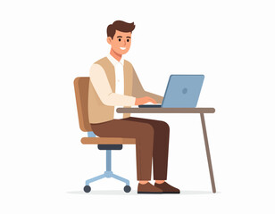 Smiling Man Working on Laptop at Desk.