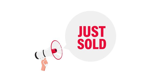 Hand holding megaphone with just sold speech bubble on white and green screen background