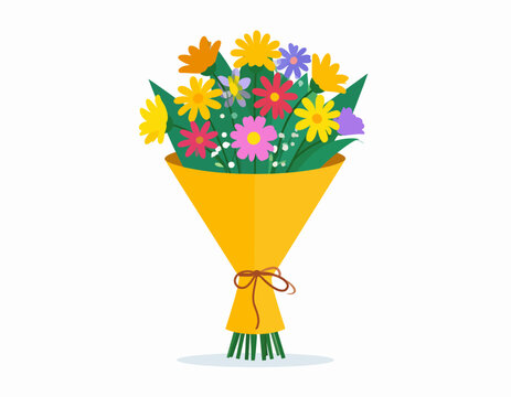 Colorful Bouquet of Assorted Flowers in Yellow Wrapping.