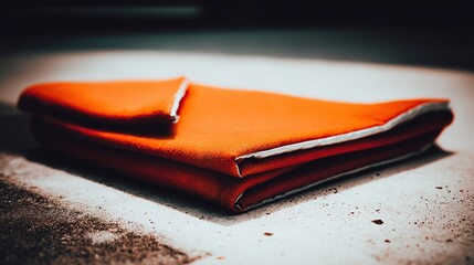 A folded red emergency blanket with silver lining, illuminated by amber sunset light on weathered concrete.