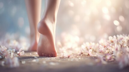 Close-up of a woman's bare feet walking on flower petals in soft sunlight during spring.