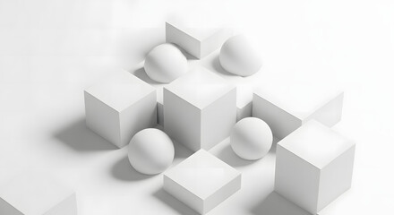 Obraz premium Minimalist White Abstraction: Geometric Forms in Serene Composition, A Study in Light and Shadow with White Cubes and Spheres Arranged in Dynamic Harmony