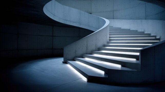 Modern spiral staircase with illuminated steps in sleek contemporary architectural interior.