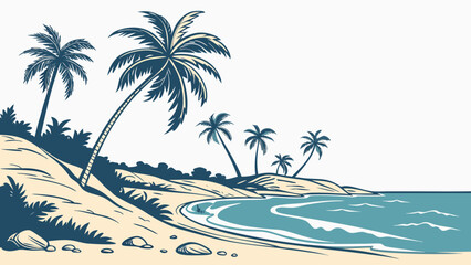Stylized illustration of a serene tropical beach with palm trees and gentle ocean waves under a clear sky