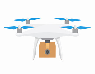 White Drone Carrying Package in Flight.
