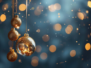Christmas shiny golden toy balls with ribbons, illuminated with lights, blurred blue background with bokeh. Christmas tree baubles decorations. Close-up. Copy space for text.