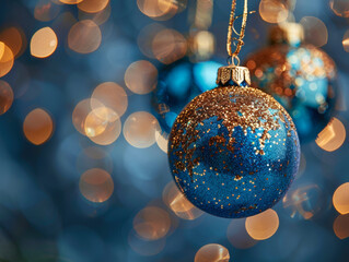 Obraz premium Christmas shiny golden toy balls with ribbons, illuminated with lights, blurred blue background with bokeh. Christmas tree baubles decorations. Close-up. Copy space for text.