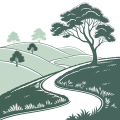 Fototapeta premium Stylized illustration of a winding road through rolling green hills with scattered trees under a bright sky