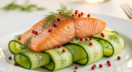 Gourmet Salmon with Cucumber Ribbons and Pink Peppercorns