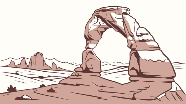 Stylized illustration of delicate arch in arches national park utah with distant mesas and desert landscape
