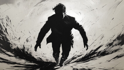 black and white monochrome rough sketch, textured shading, 2D silhouette of a person walking forward through heavy wind, body leaning forward with determination, cinematic style