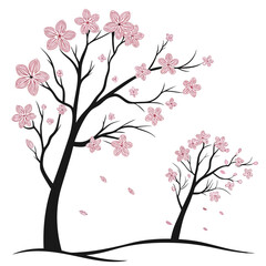 Stylized illustration of two black silhouette trees adorned with delicate pink cherry blossoms and falling petals against a white background
