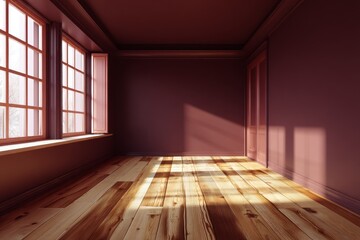 Fototapeta premium A sunlit, empty room with deep burgundy walls and a wooden floor, bathed in warm tones.