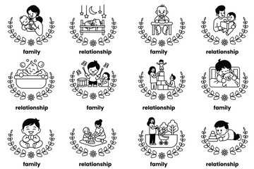 set of illustrations in the concept of having time for family in a line style