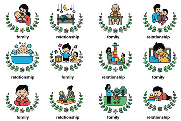 set of illustrations in the concept of having time for family in a line style