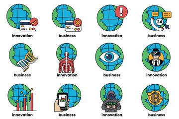 set of illustrations in the concept of World and Business in a line style