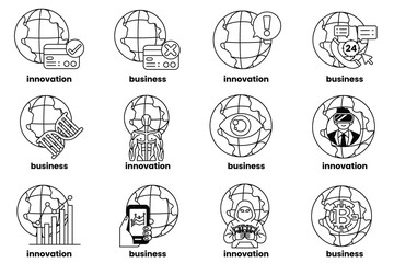 set of illustrations in the concept of World and Business in a line style